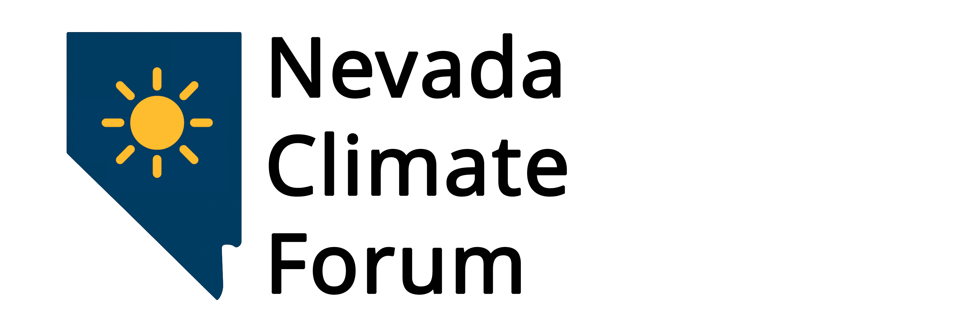Nevada Climate Forum logo shows a yellow sun on a navy blue background in the shape of the state. Next to it are the words, "Nevada Climate Forum"